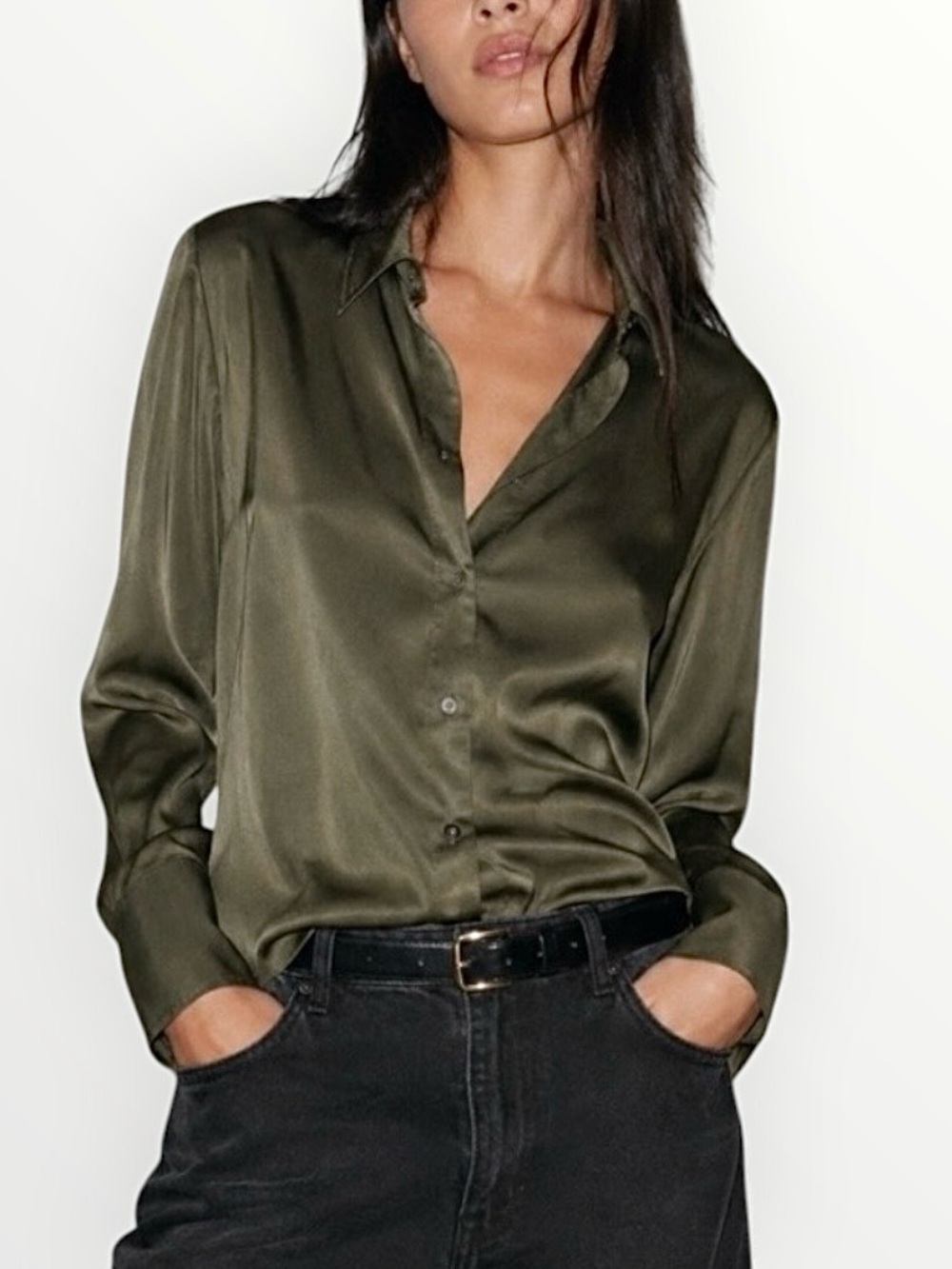 H&M Satin V-Neck Button Front Long Sleeve Blouse Women’s M Olive Green